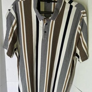 Express Polo Shirt Mens Large Striped Short Sleeve Knit Beige Brown Black